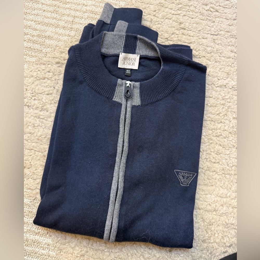 Armani Junior Blue and Gray Zip-Up Sweater